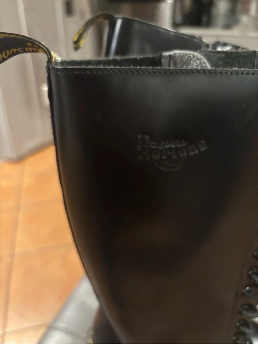 Dr. Martens Black Tall 20- Eye Lace-Up Combat Boots with Yellow Welt Stitch